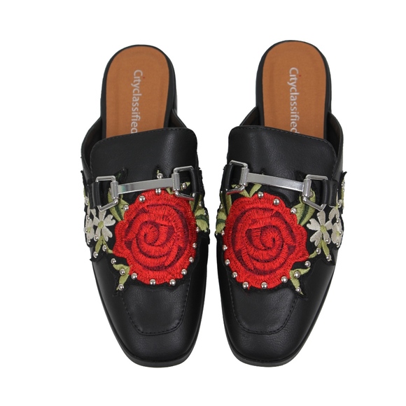 Shoes - Black Rose Embroidery Backless Slip On Loafer Mule